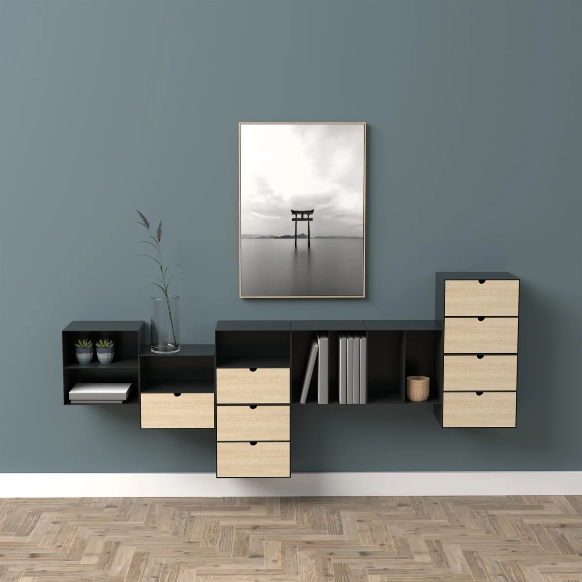 Joliet 1 Drawer Wallmounted Bedside Table in Black & Bamboo - Black & Bamboo – image 7