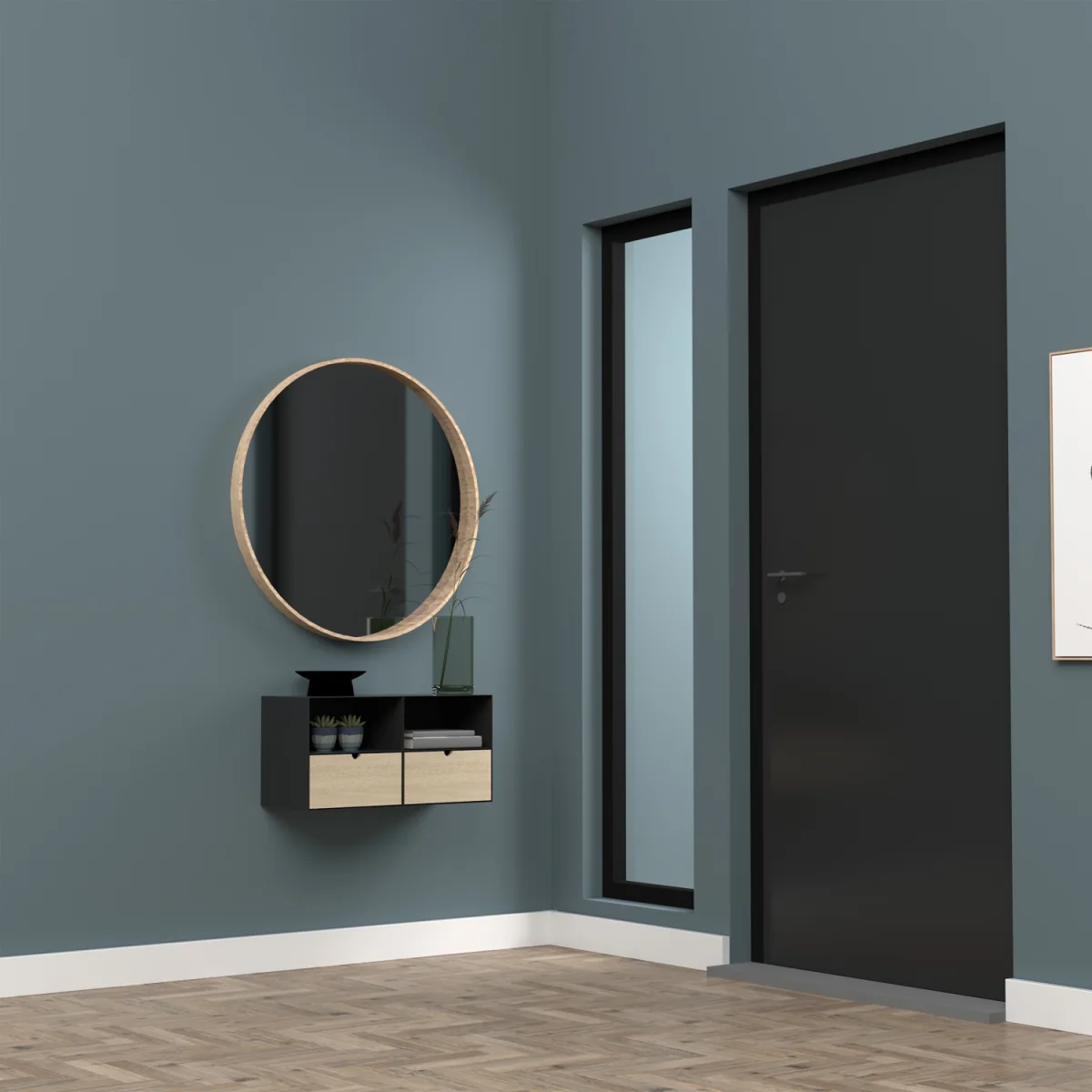 Joliet 1 Drawer Wallmounted Bedside Table in Black & Bamboo - Black & Bamboo – image 8