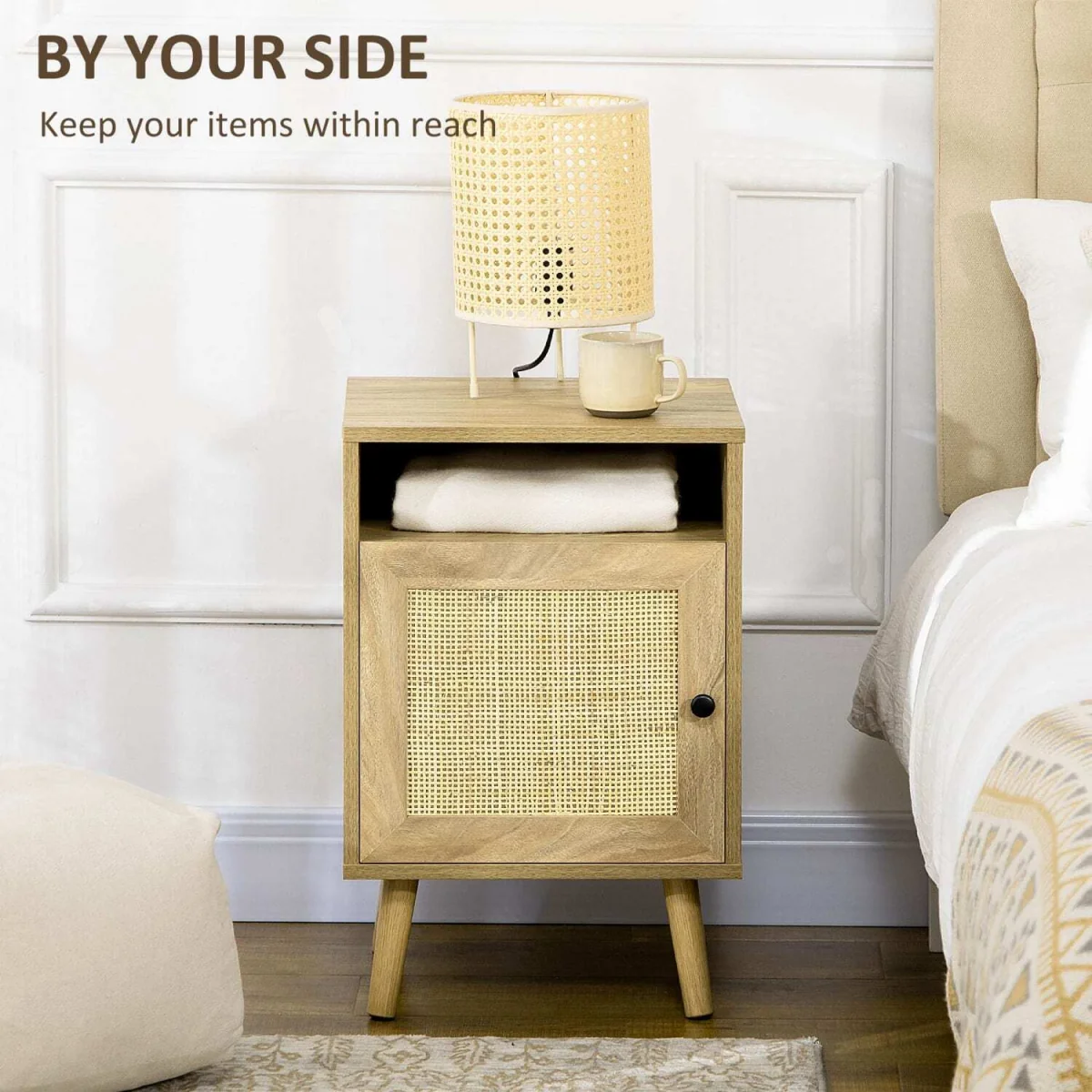 Nepale Natural Wooden Rattan Bedside Table with Drawer and Shelf – image 5