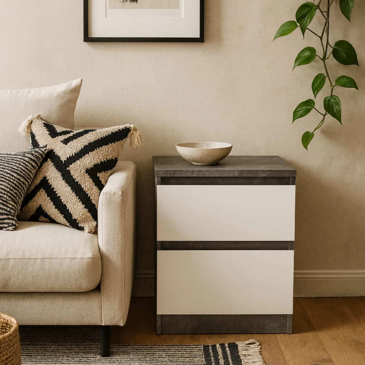 Budapest Bedside Table - Concrete Effect and Matt White, 2 Drawers - Grey – image 1