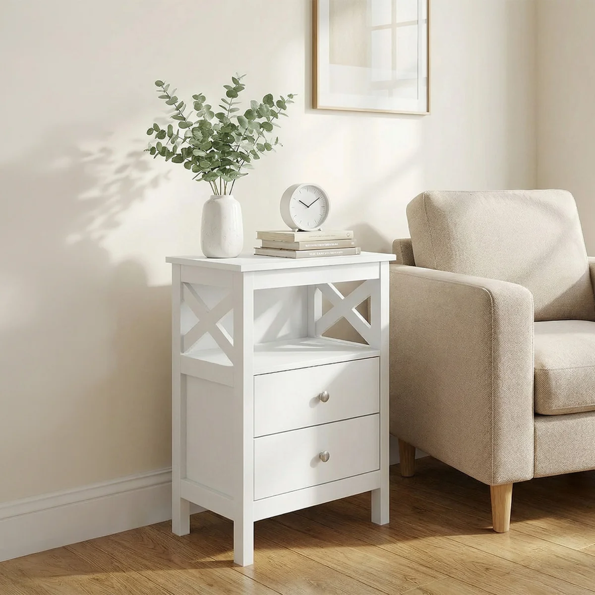 Bedside Table Wood Nightstand Cabinet 2 Storage Drawers Open Shelf - White – image 4