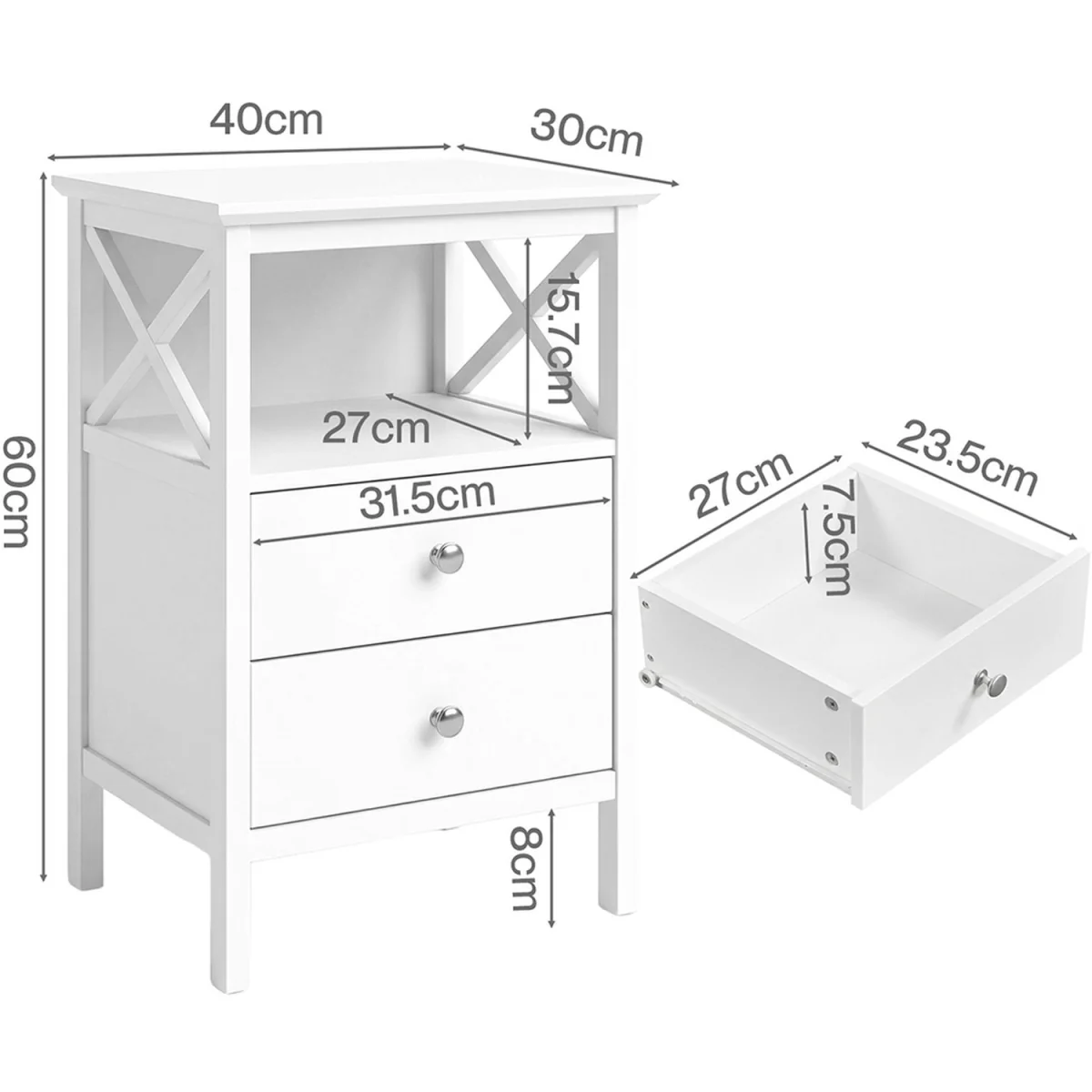 Bedside Table Wood Nightstand Cabinet 2 Storage Drawers Open Shelf - White – image 5