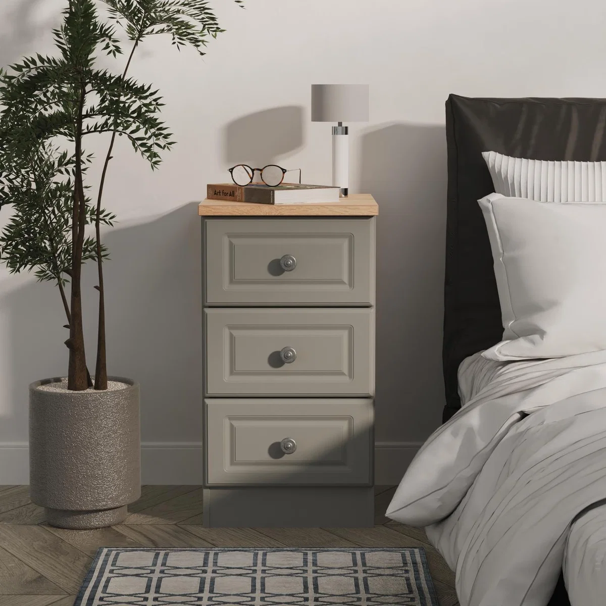 Norfolk Fully Assembled 3 Drawer Bedside Cabinet - Dusk Grey & Bardolino Oak