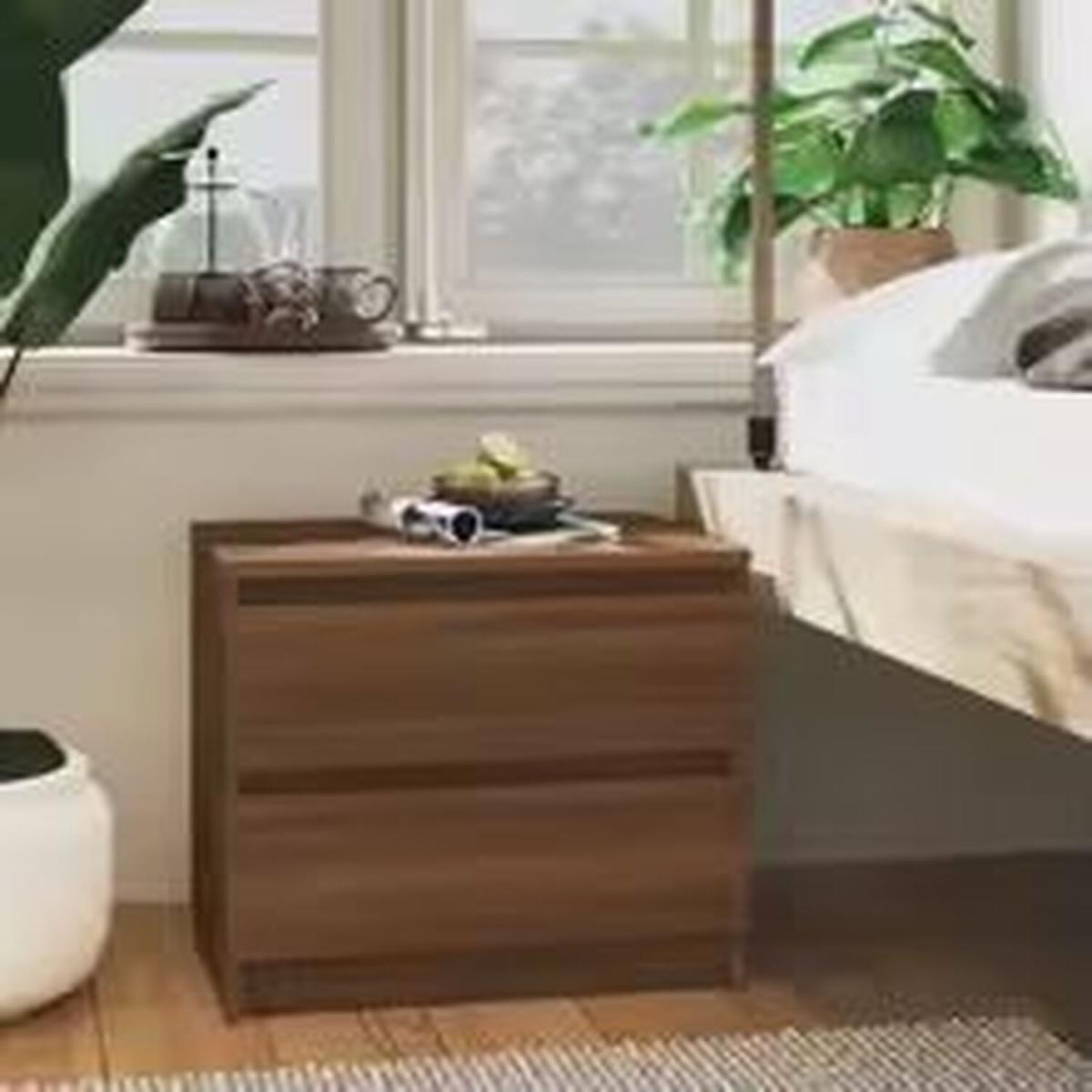 Oak Bedside Cabinet 2 Drawers for Storage - Brown