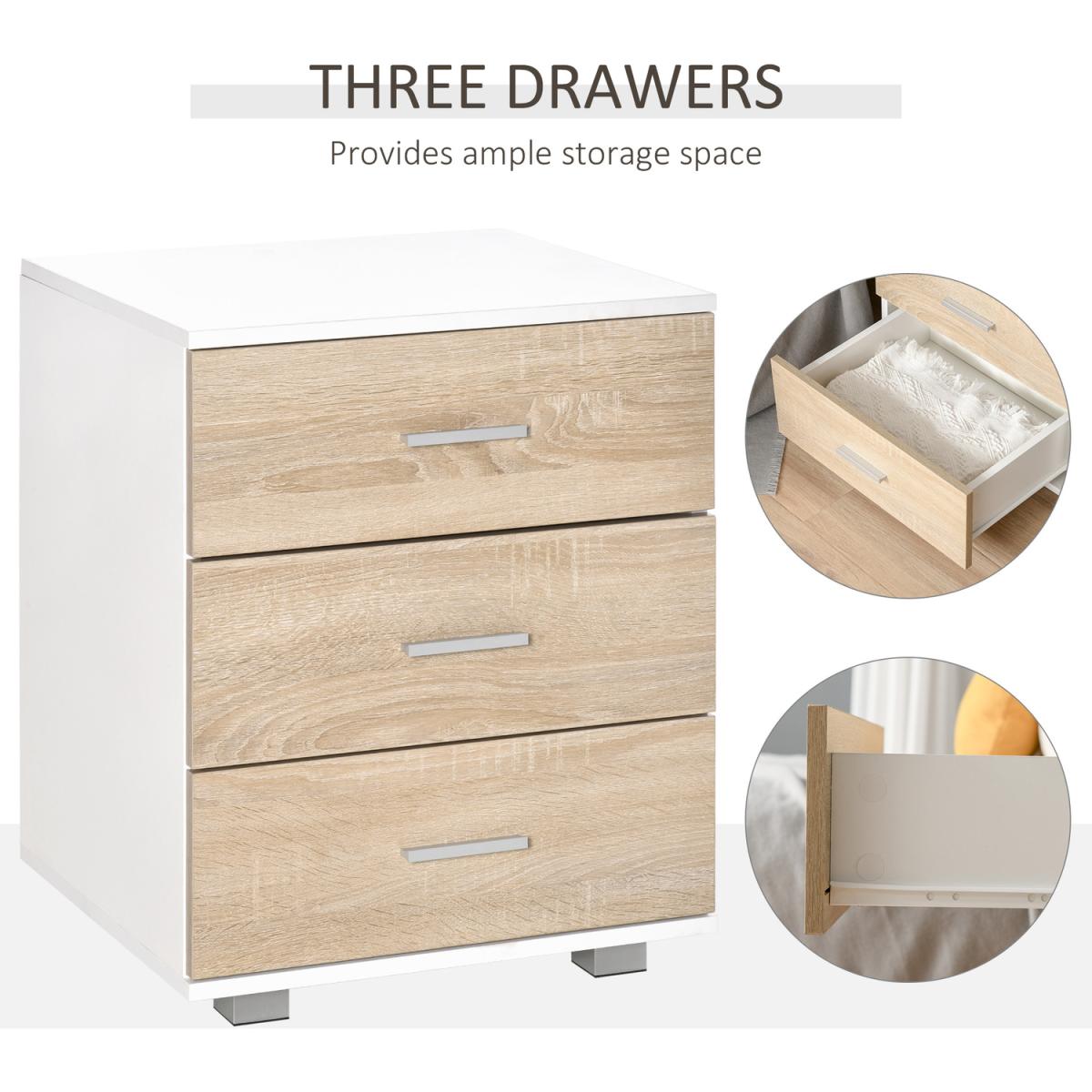 Bedside Table with 3 Drawers - Oak, White – image 4