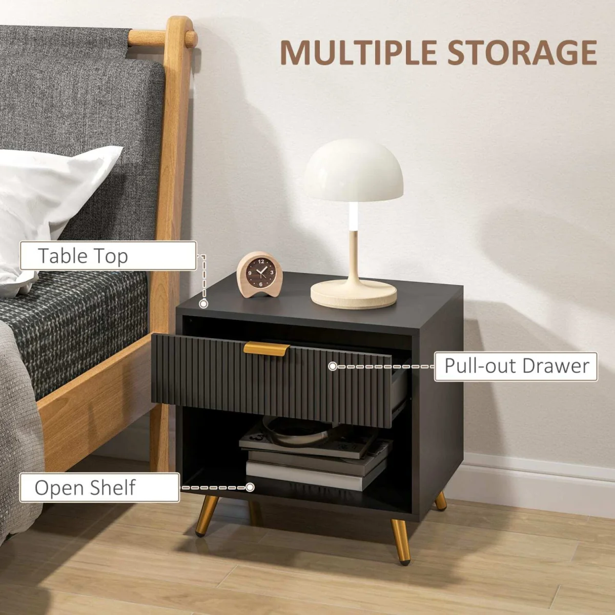 Sota Sola Set of 2 Black and Gold Ribbed Bedside Tables with Drawer and Shelf – image 2