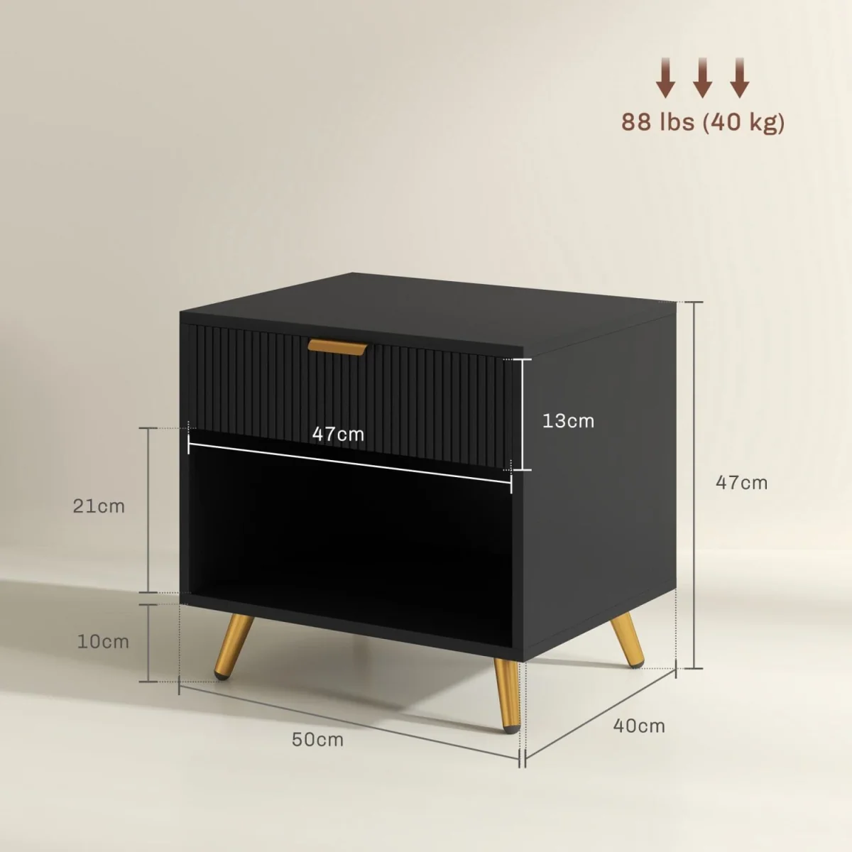 Sota Sola Set of 2 Black and Gold Ribbed Bedside Tables with Drawer and Shelf – image 3