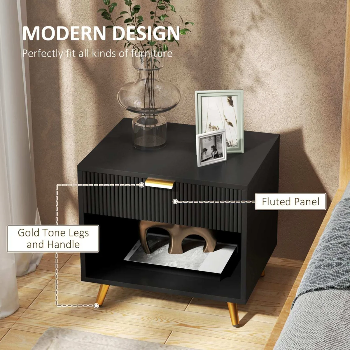Sota Sola Set of 2 Black and Gold Ribbed Bedside Tables with Drawer and Shelf – image 4
