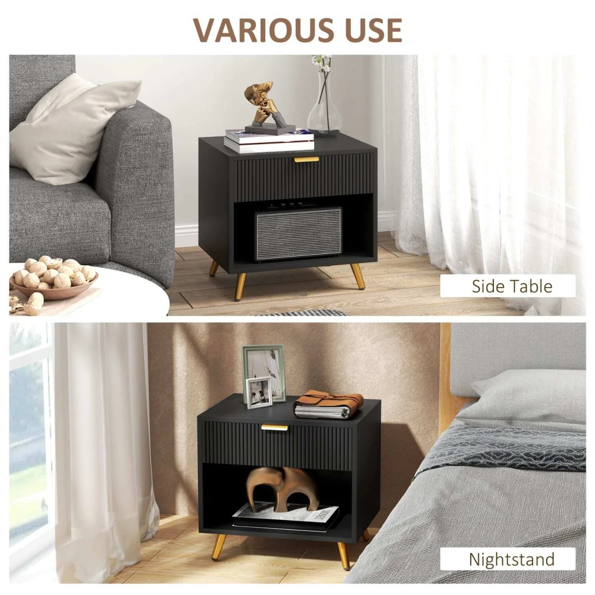 Sota Sola Set of 2 Black and Gold Ribbed Bedside Tables with Drawer and Shelf – image 5