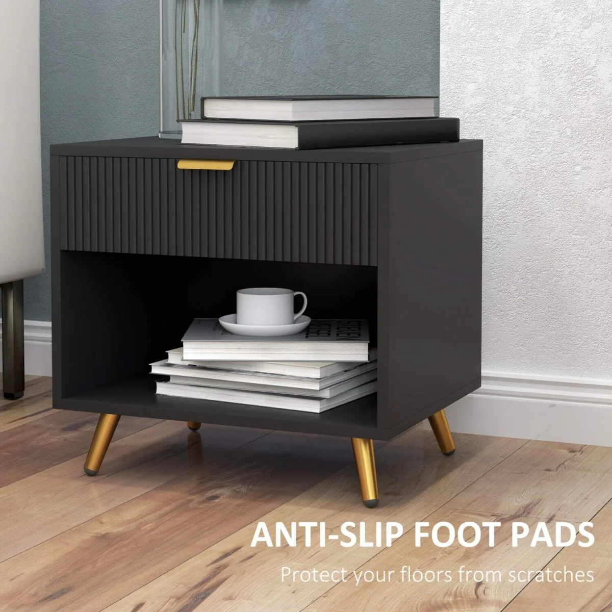 Sota Sola Set of 2 Black and Gold Ribbed Bedside Tables with Drawer and Shelf – image 6