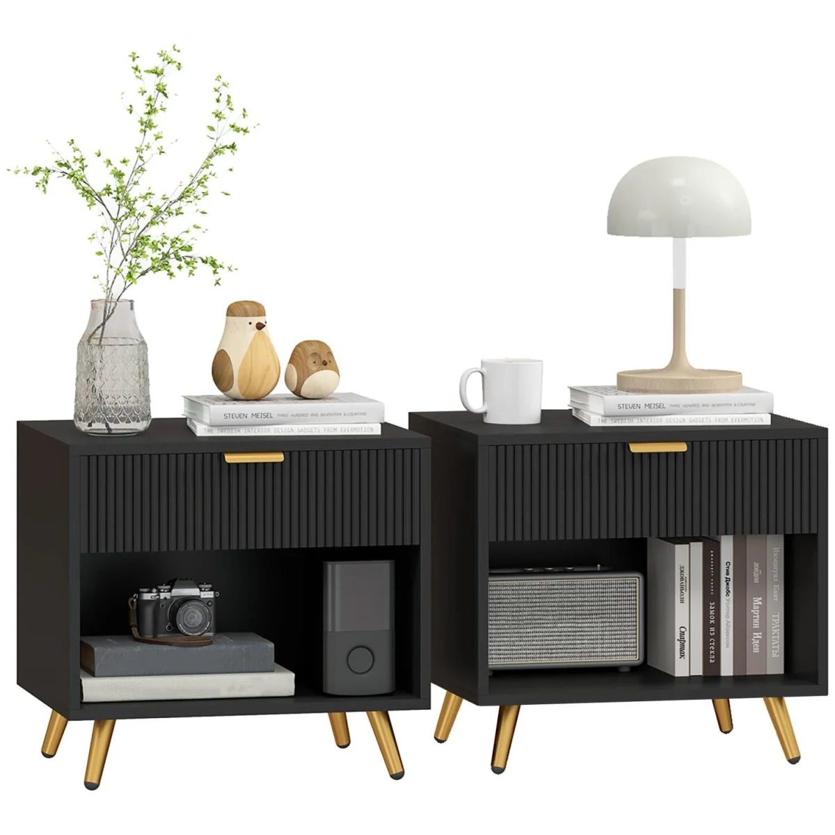 Sota Sola Set of 2 Black and Gold Ribbed Bedside Tables with Drawer and Shelf – image 7