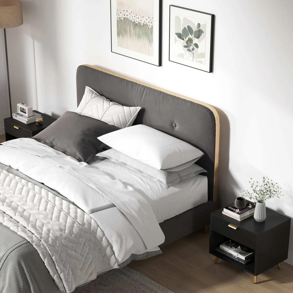 Sota Sola Set of 2 Black and Gold Ribbed Bedside Tables with Drawer and Shelf – image 8