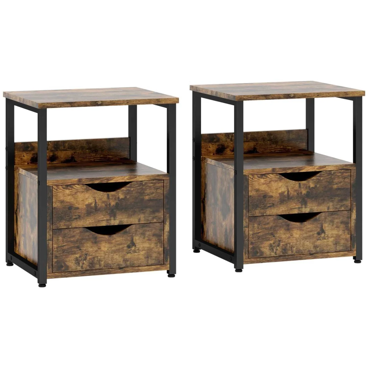 Dikedo Set of 2 Rustic Brown Industrial Bedside Tables, 2 Drawers and Shelf – image 3