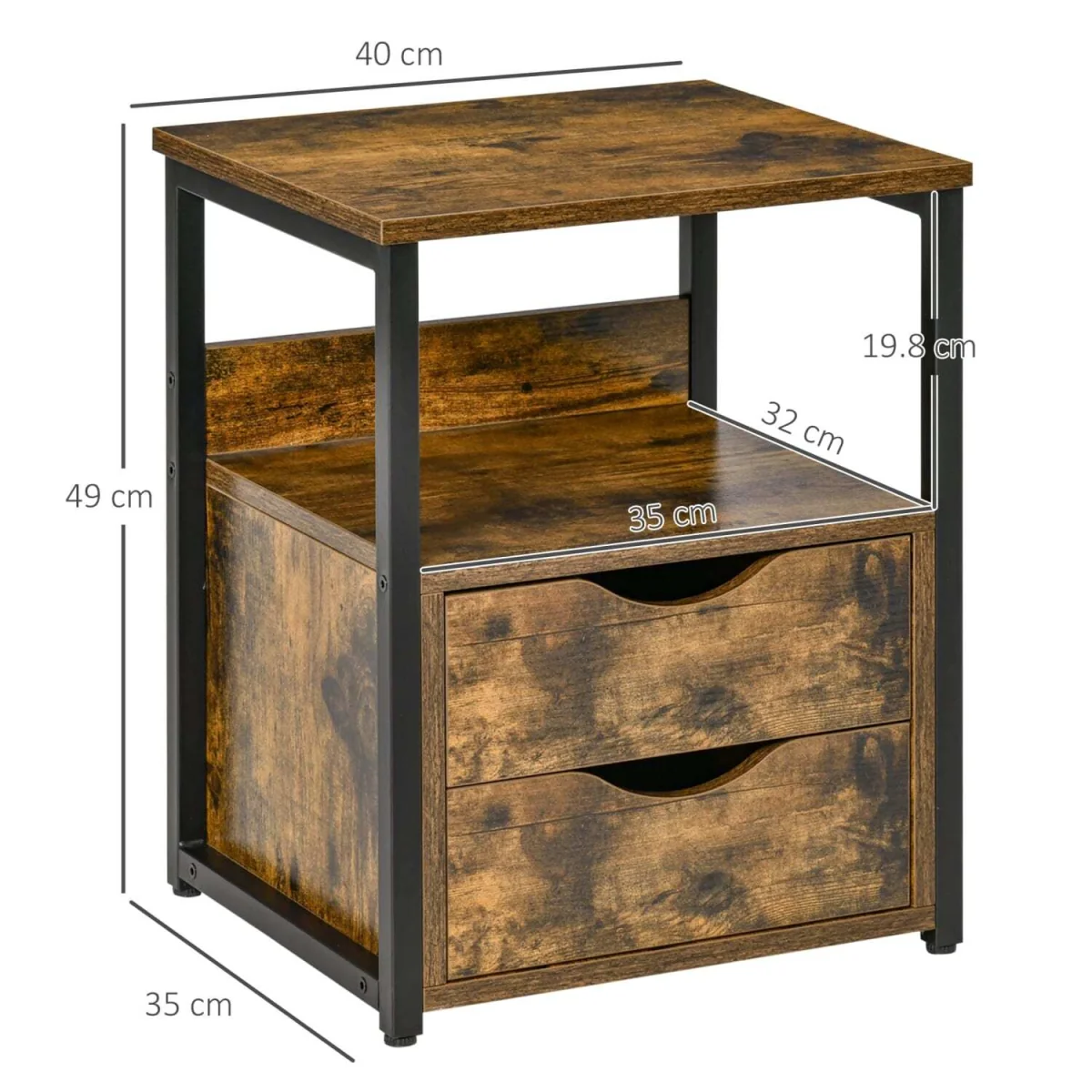 Dikedo Set of 2 Rustic Brown Industrial Bedside Tables, 2 Drawers and Shelf – image 4
