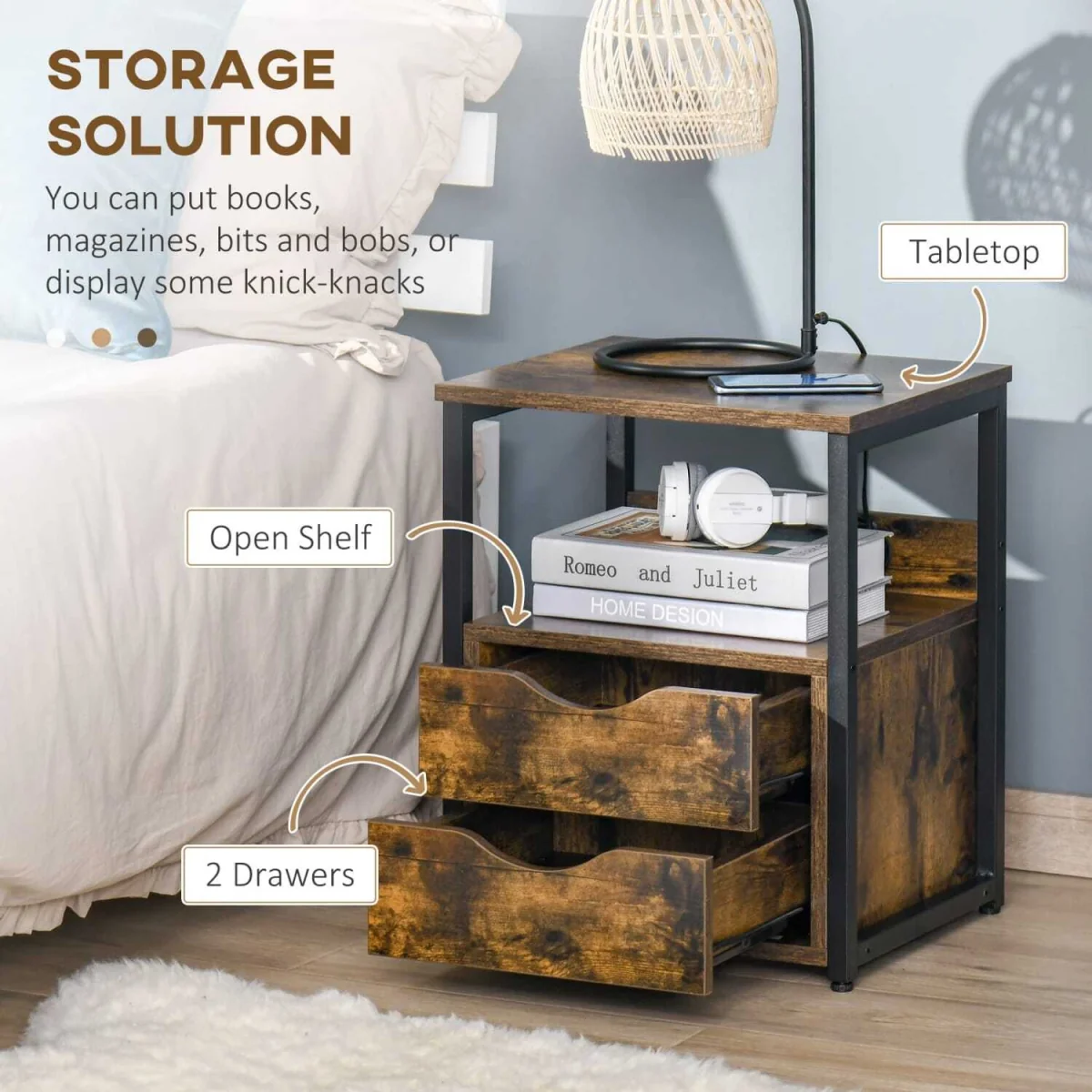 Dikedo Set of 2 Rustic Brown Industrial Bedside Tables, 2 Drawers and Shelf – image 5