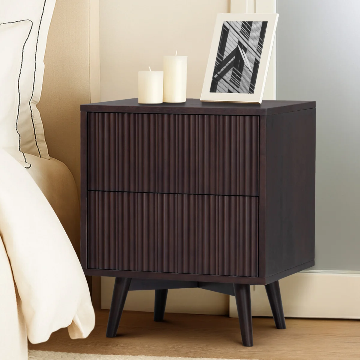 Teamson Home Tremolo Bedside Table with 2 Drawers and Fluted Fronts - Black – image 2