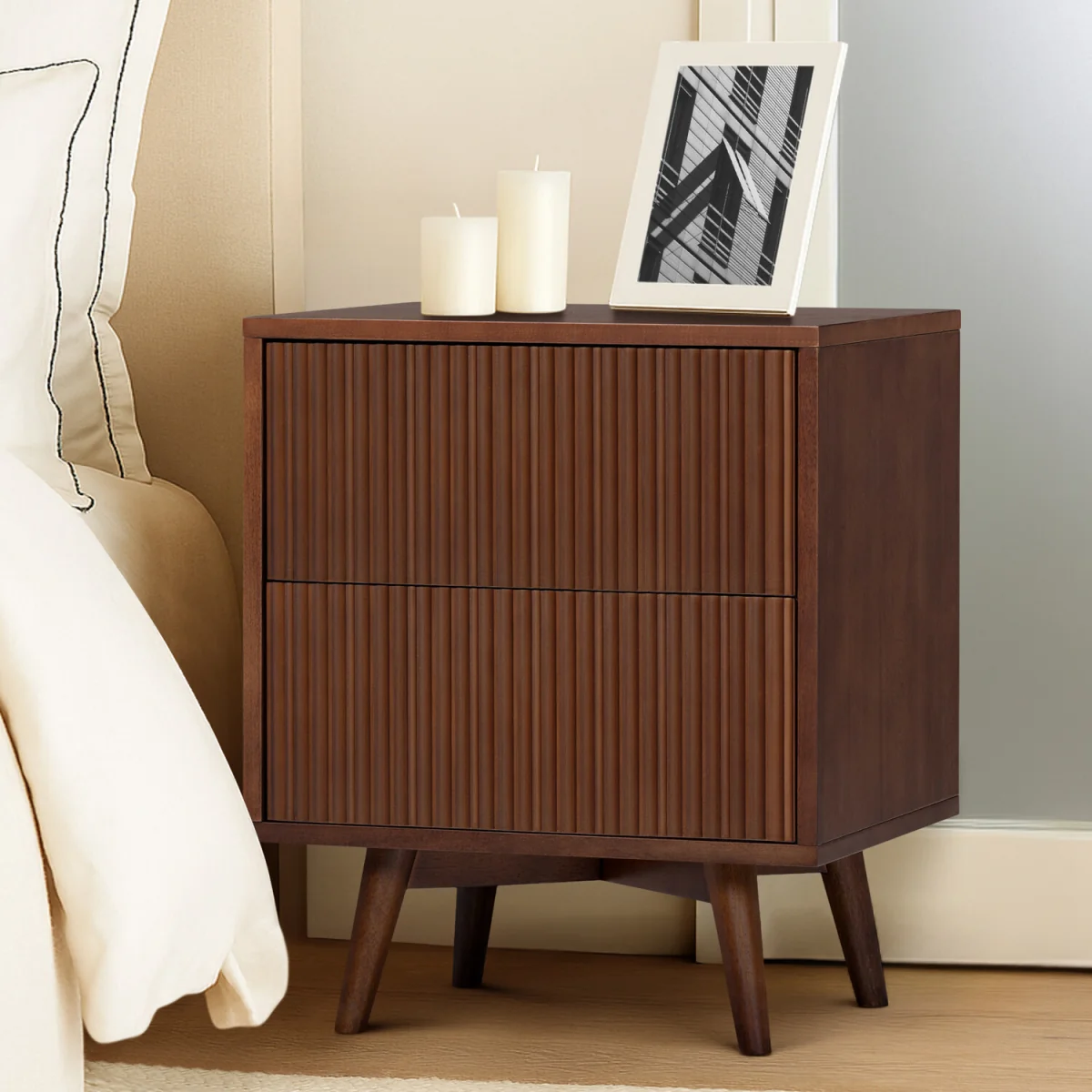 Tremolo Bedside Table with 2 Drawers and Fluted Fronts - Brown – image 3