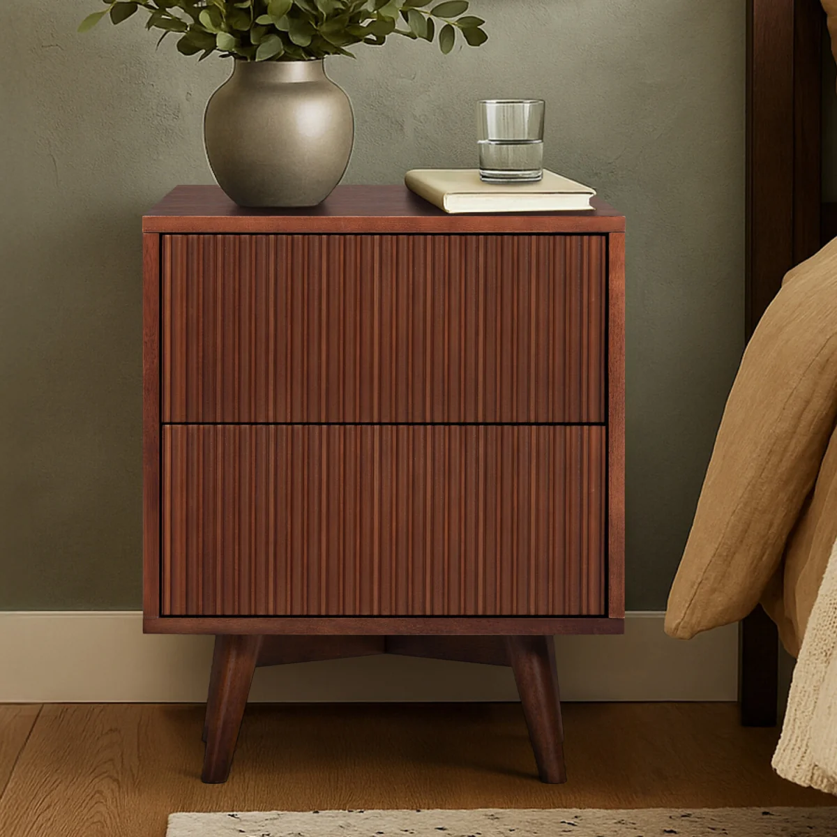 Tremolo Bedside Table with 2 Drawers and Fluted Fronts - Brown – image 5