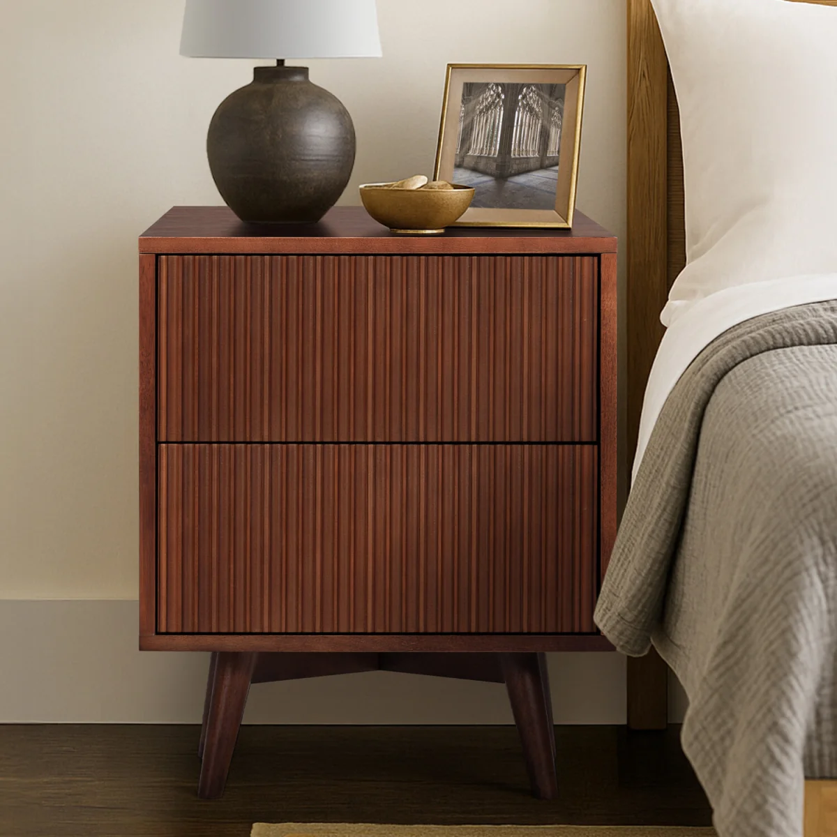 Tremolo Bedside Table with 2 Drawers and Fluted Fronts - Brown – image 7