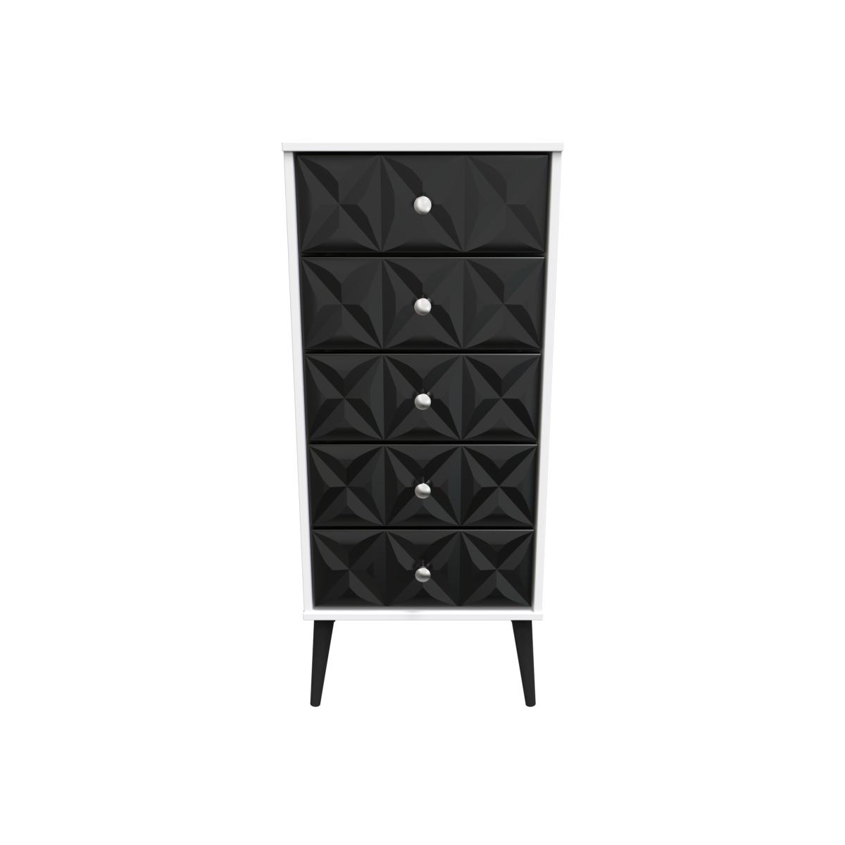 Pixel Ready Assembled 5 Drawer Bedside Cabinet - Deep Black & White Matt