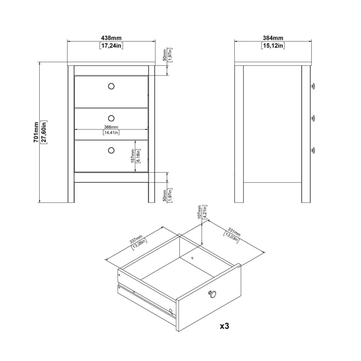 Gossmere Matt Bedside Table 3 Drawers - Black – image 4
