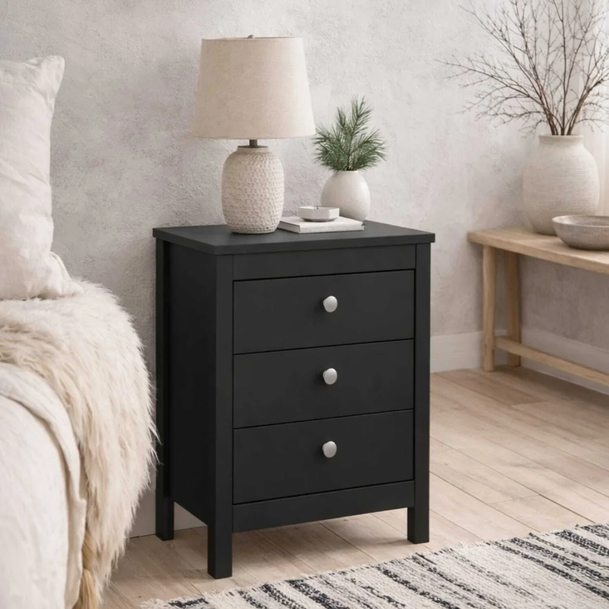 Gossmere Matt Bedside Table 3 Drawers - Black – image 1