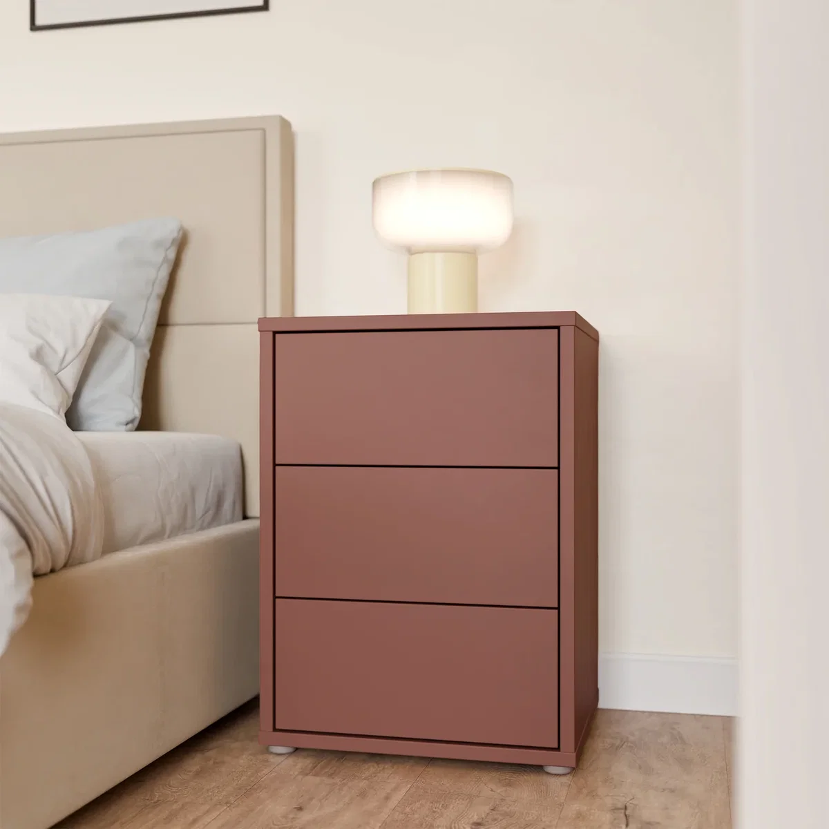 Alice Springs Bedside Cabinet with 3 Drawers Push-Open in Terracotta - Terracotta – image 1