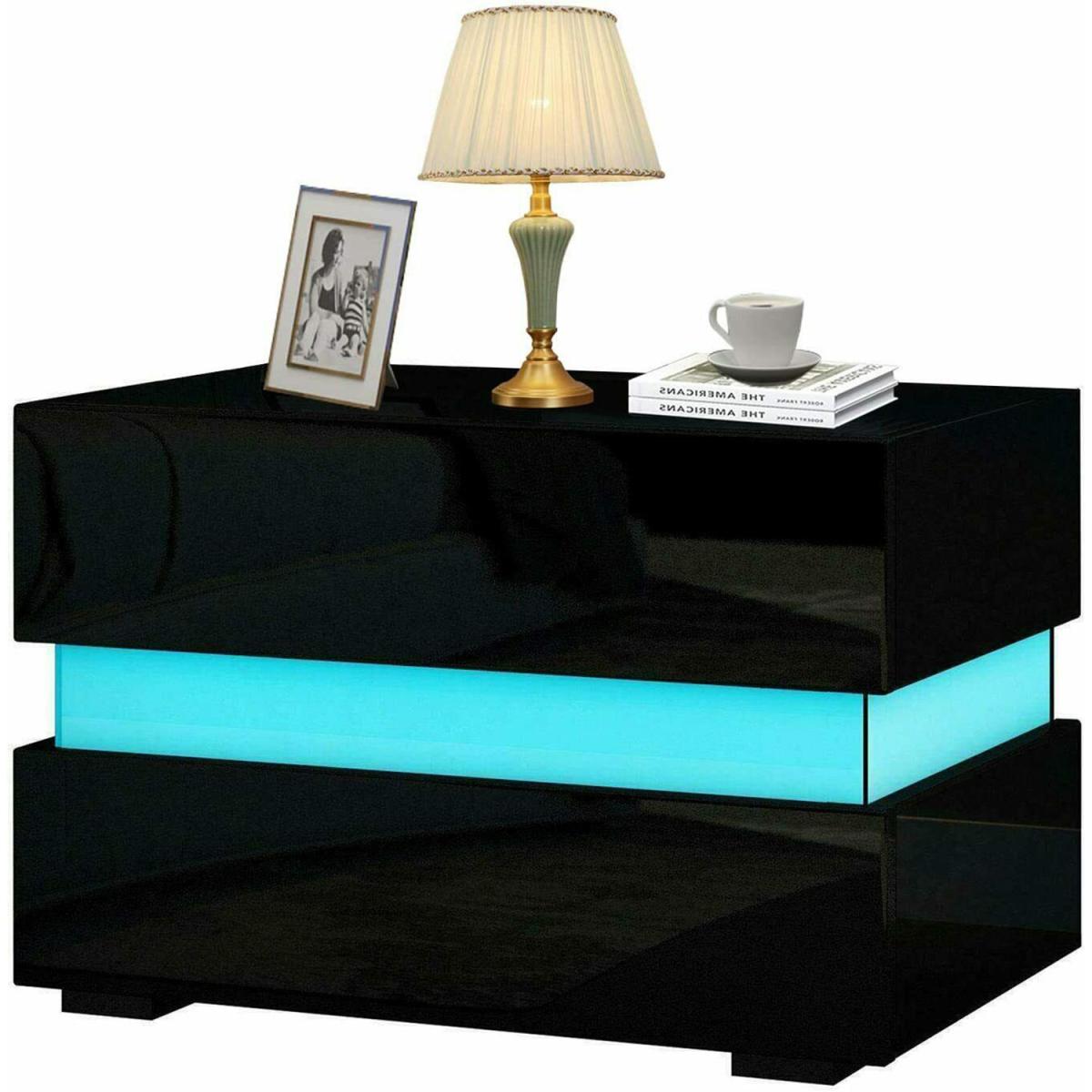 Bedside Table High Gloss with 2 Drawers LED Light New - Black – image 2