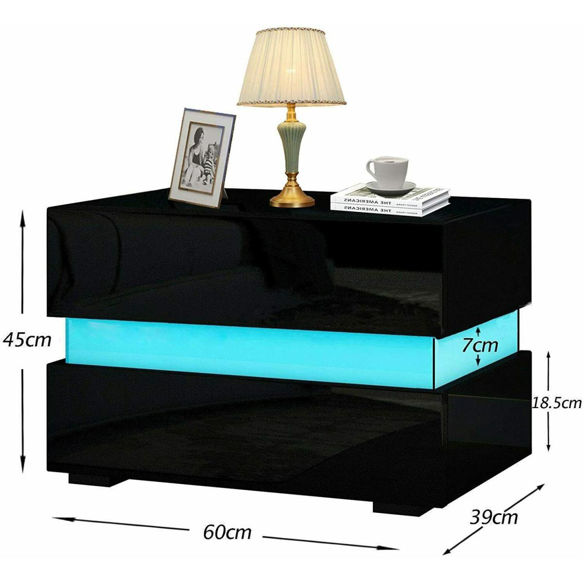 Bedside Table High Gloss with 2 Drawers LED Light New - Black – image 3