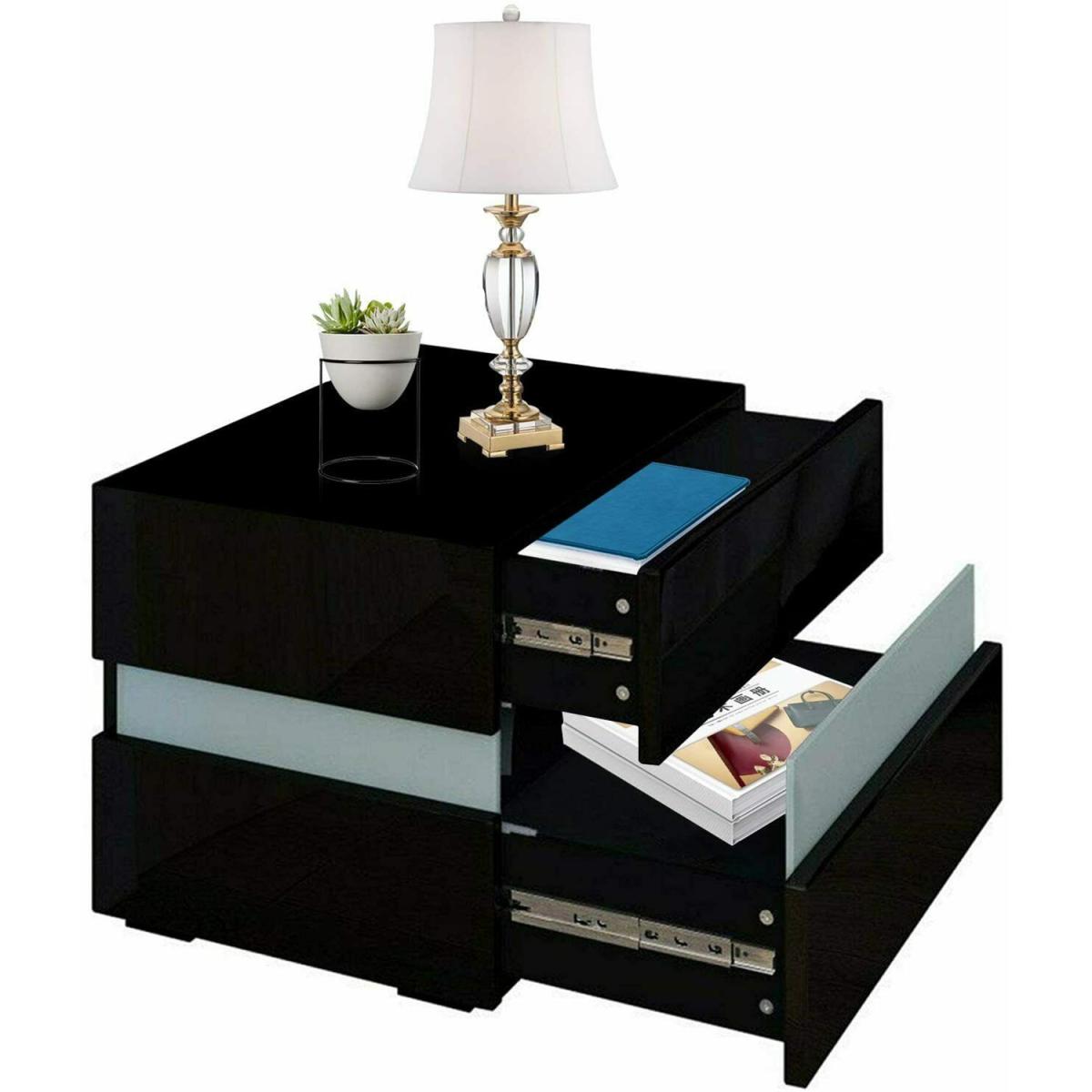 Bedside Table High Gloss with 2 Drawers LED Light New - Black – image 4