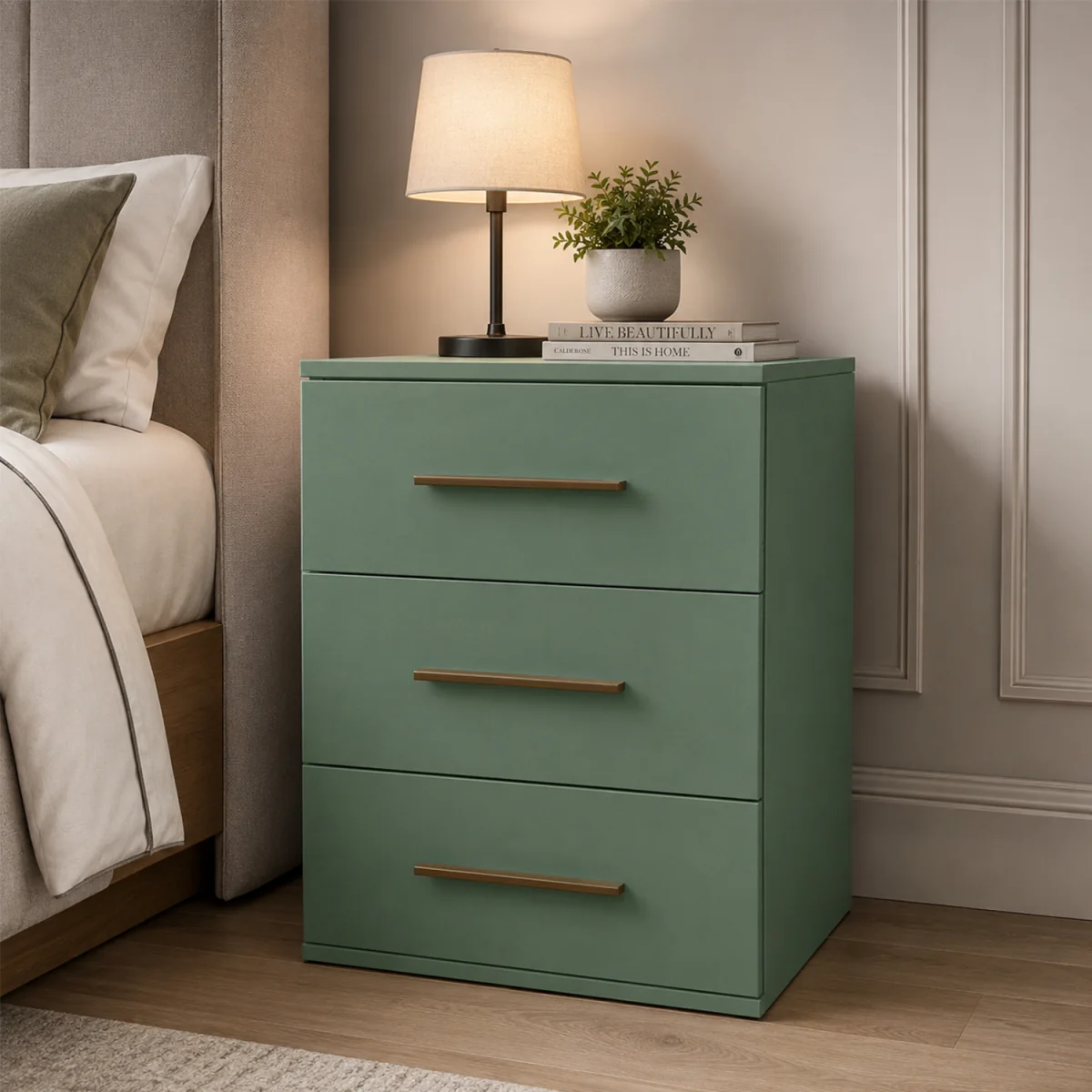 Swindon Dark Green 3 Drawer Bedside Cabinet - Green – image 2