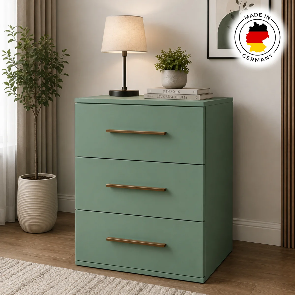 Swindon Dark Green 3 Drawer Bedside Cabinet - Green – image 3