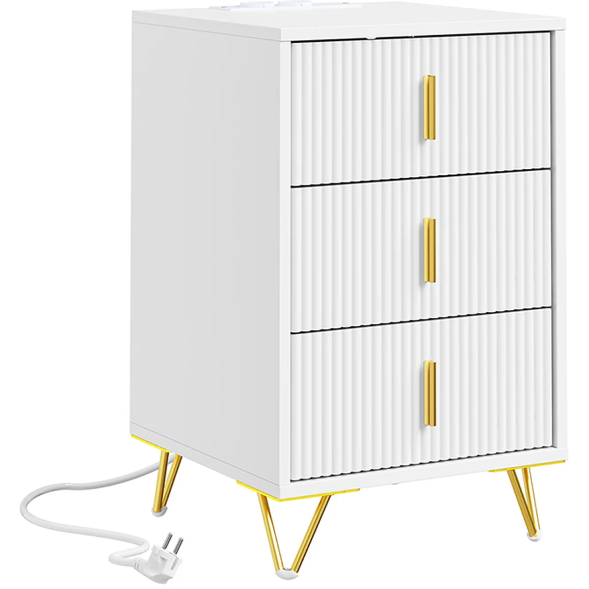 Bedside Table with 3 Drawers and Charging Station  - White – image 2