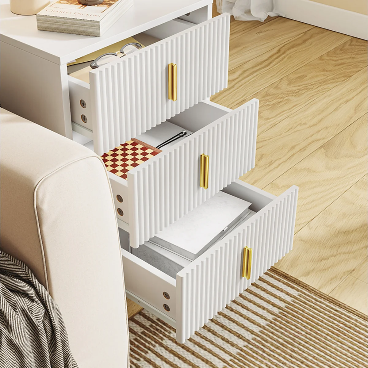 Bedside Table with 3 Drawers and Charging Station  - White – image 12