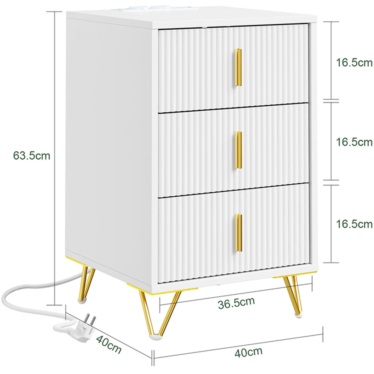 Bedside Table with 3 Drawers and Charging Station  - White – image 3
