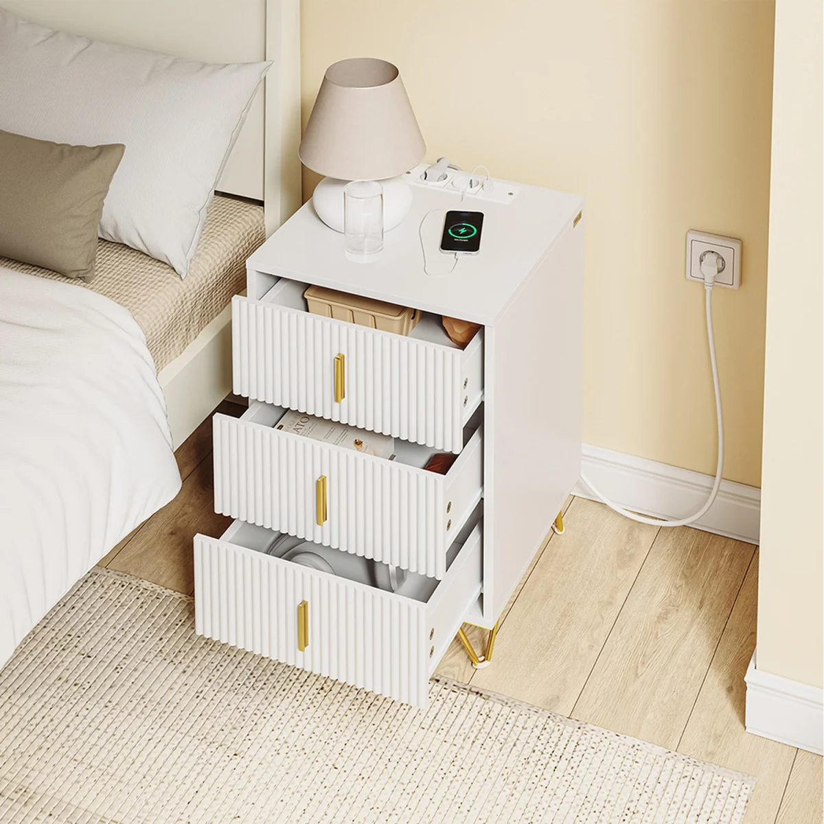Bedside Table with 3 Drawers and Charging Station  - White – image 4