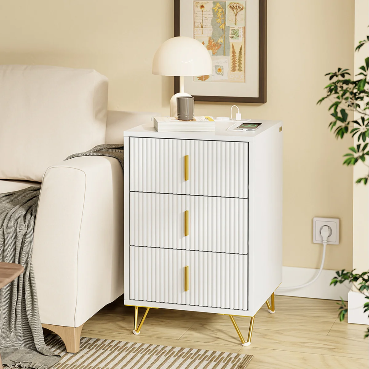 Bedside Table with 3 Drawers and Charging Station  - White – image 5