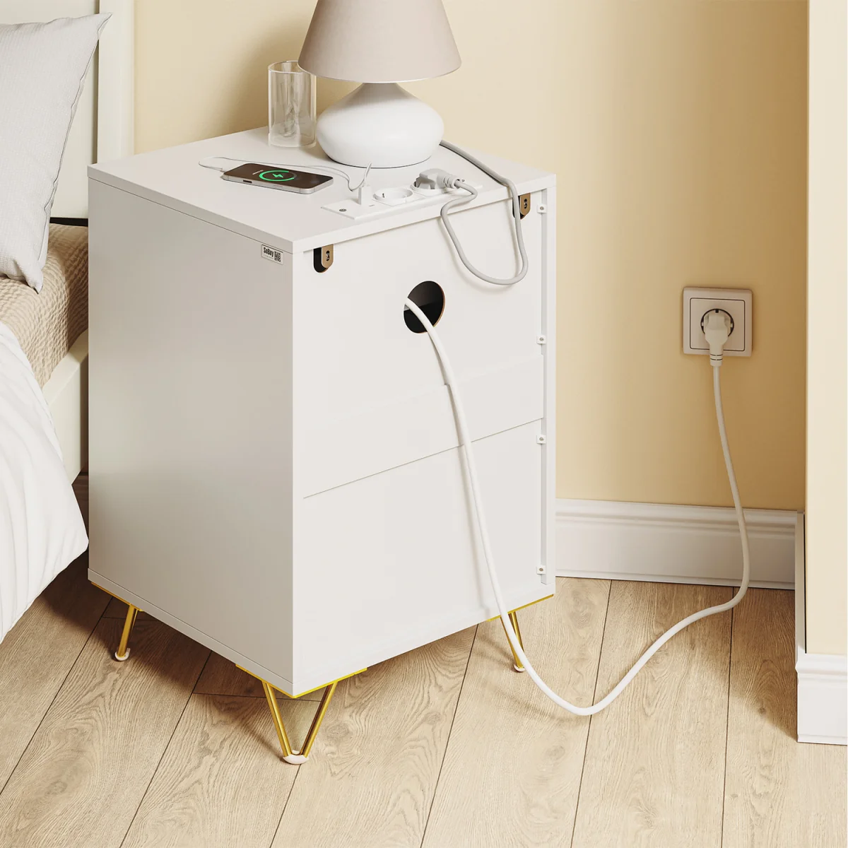 Bedside Table with 3 Drawers and Charging Station  - White – image 8