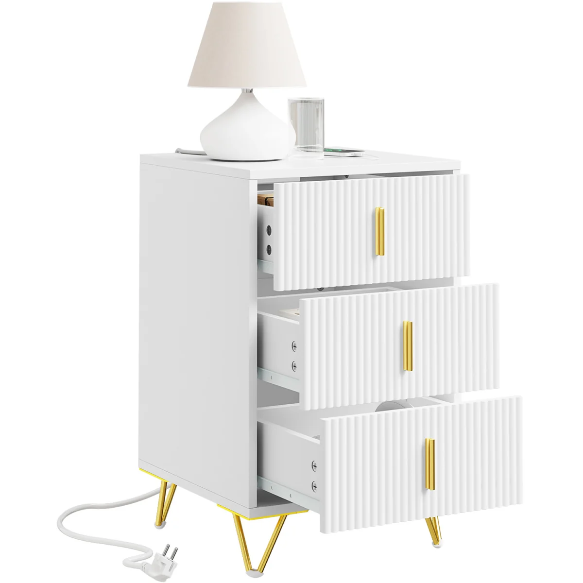 Bedside Table with 3 Drawers and Charging Station  - White – image 9