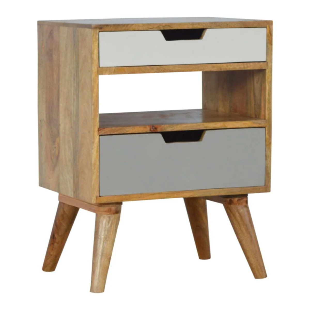 Pranburi Grey & White Mango Wood Bedside Table - 2 Drawers and Open Shelf - Brown – image 4