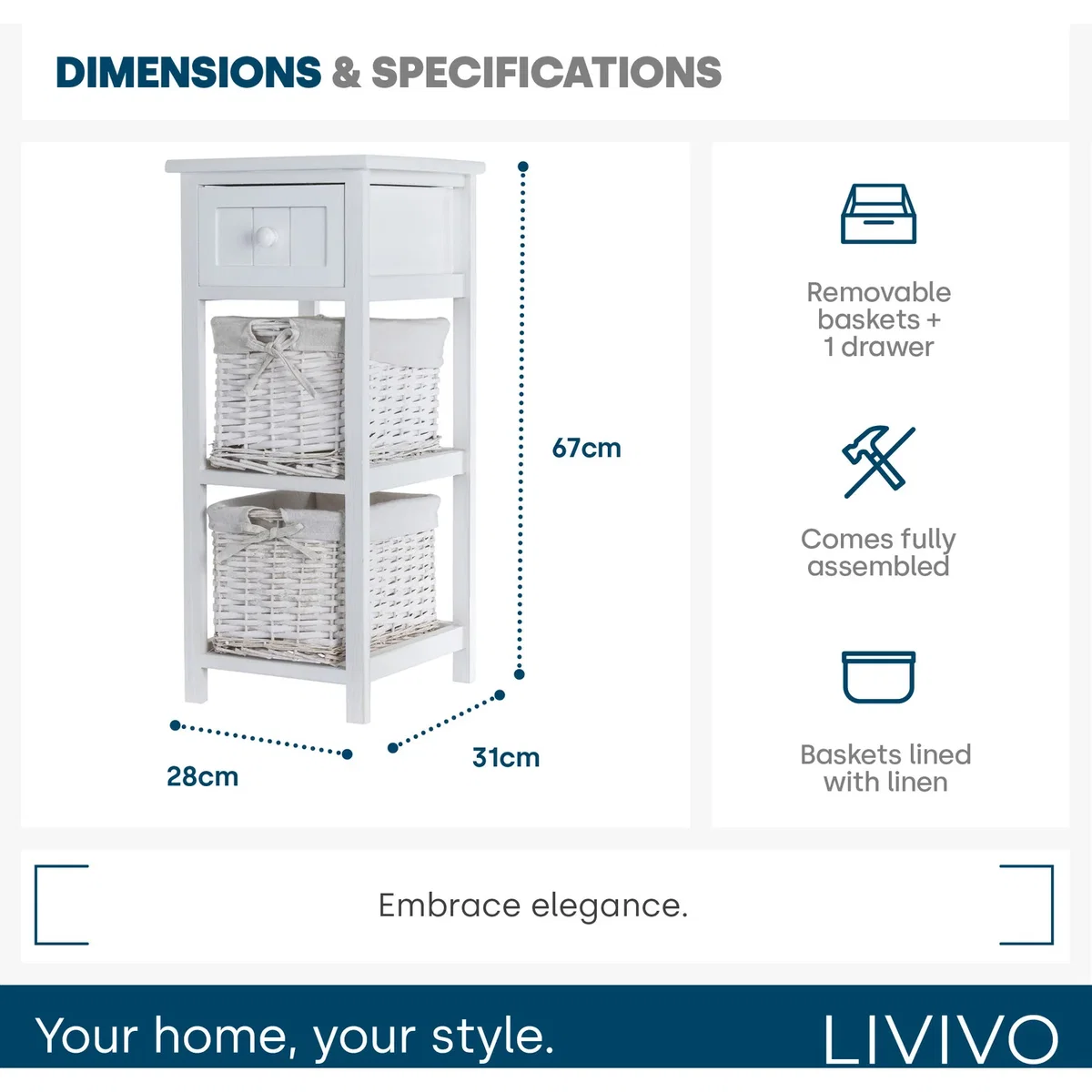 Wicker Bedside Table Unit - White – image 9