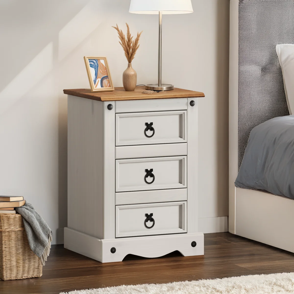 Corona White Bedside Cabinet Medium Solid Wood Mexican Pine - White