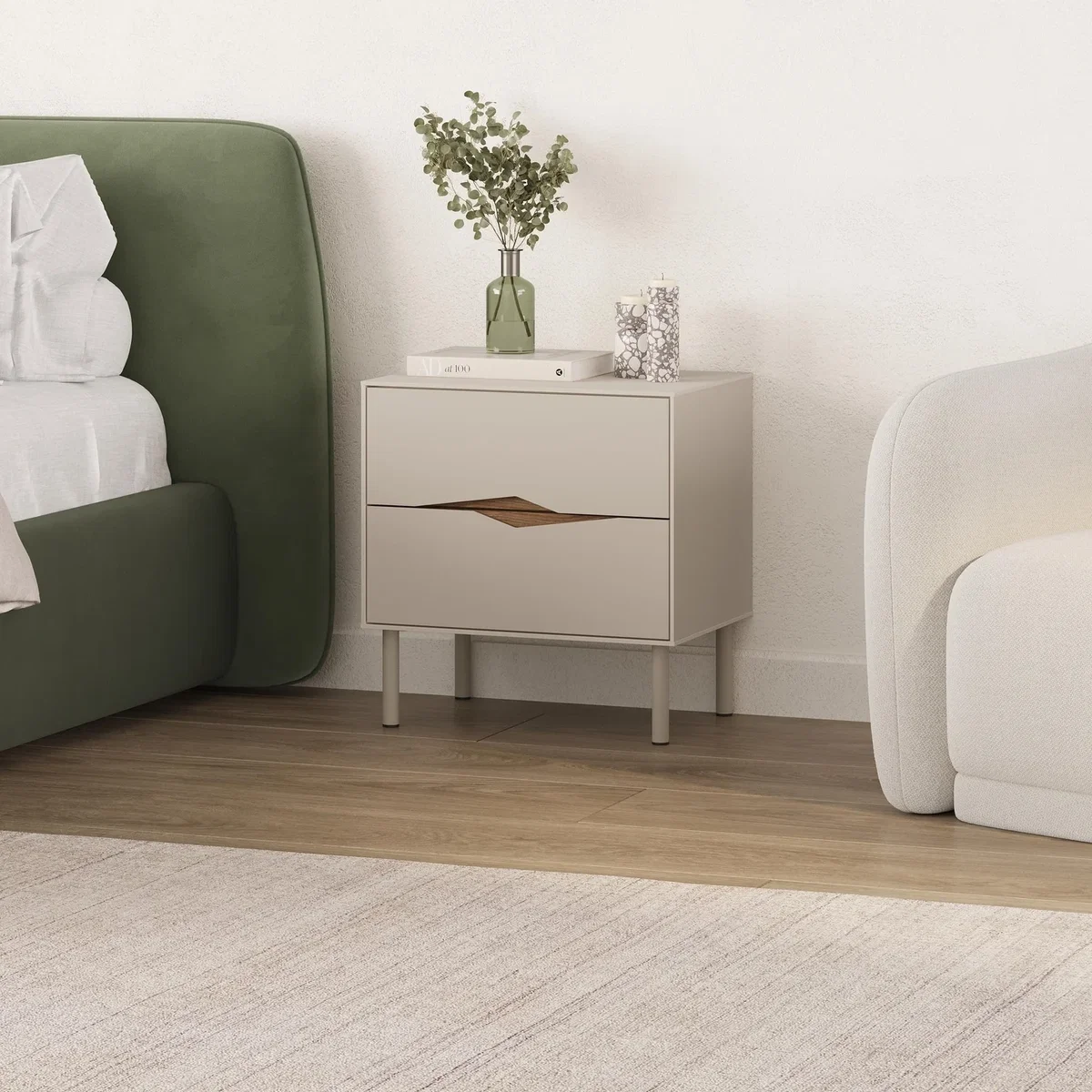Decortie Marquise Two Drawer Bedside Table - Sandstone, Whiskey Oak – image 3