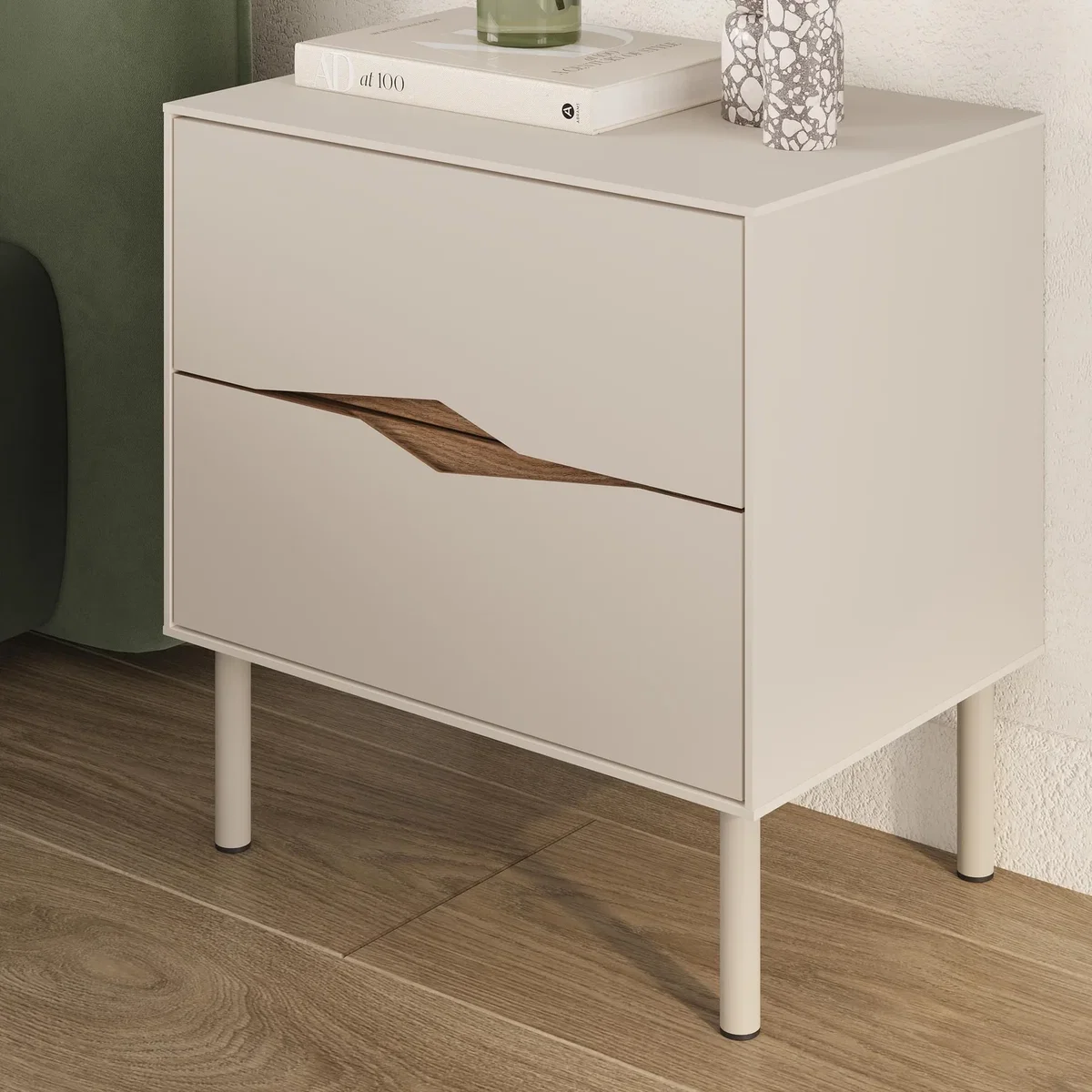 Decortie Marquise Two Drawer Bedside Table - Sandstone, Whiskey Oak – image 4