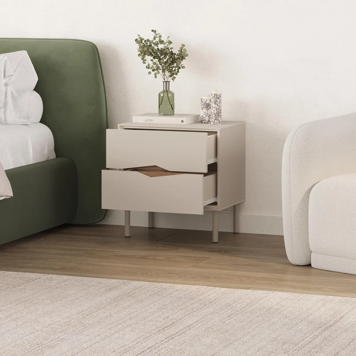 Decortie Marquise Two Drawer Bedside Table - Sandstone, Whiskey Oak – image 5
