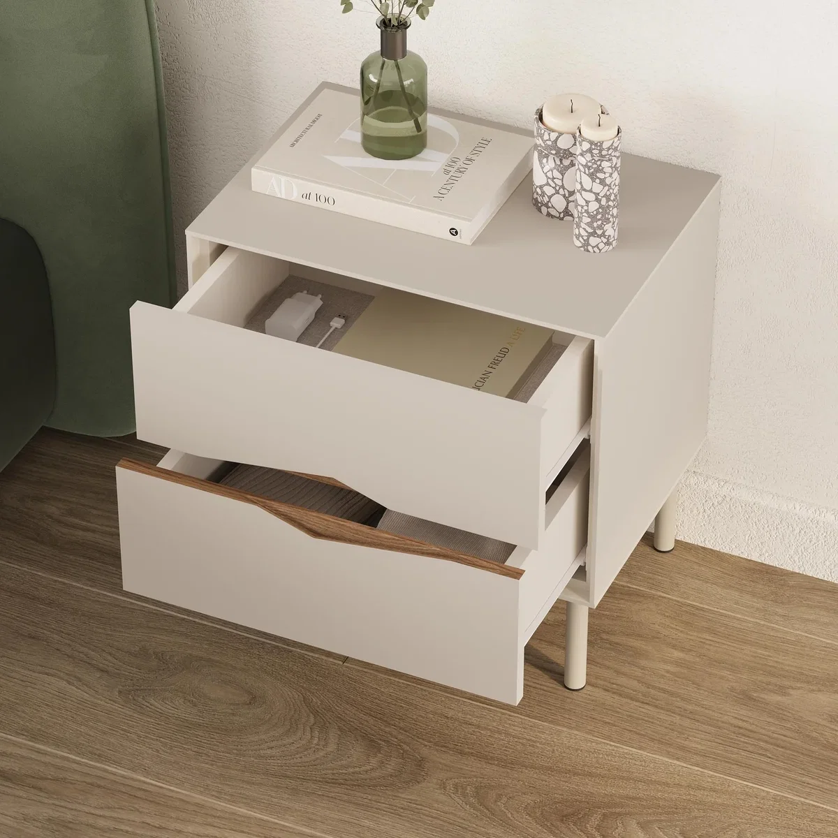 Decortie Marquise Two Drawer Bedside Table - Sandstone, Whiskey Oak – image 6