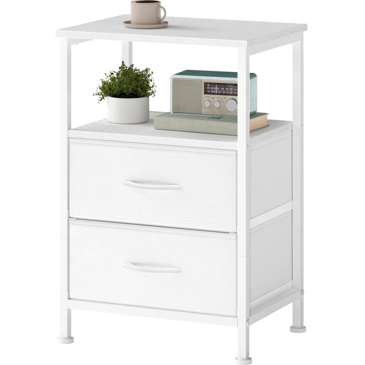 White Steel Bedside Table With Drawers Shelf - White – image 4