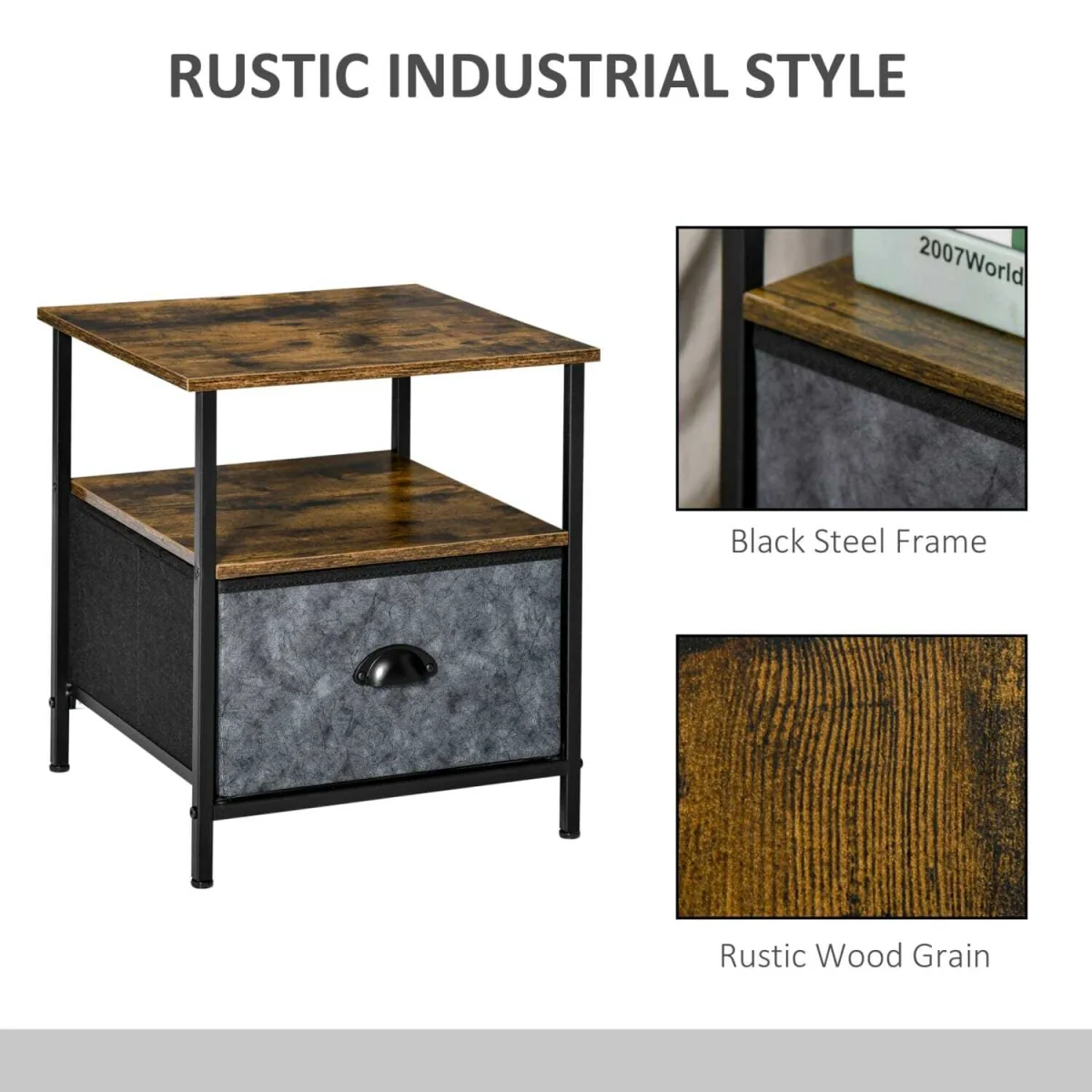 Nehayo Set of 2 Rustic Brown Bedside Tables with Grey Fabric Drawers – image 2