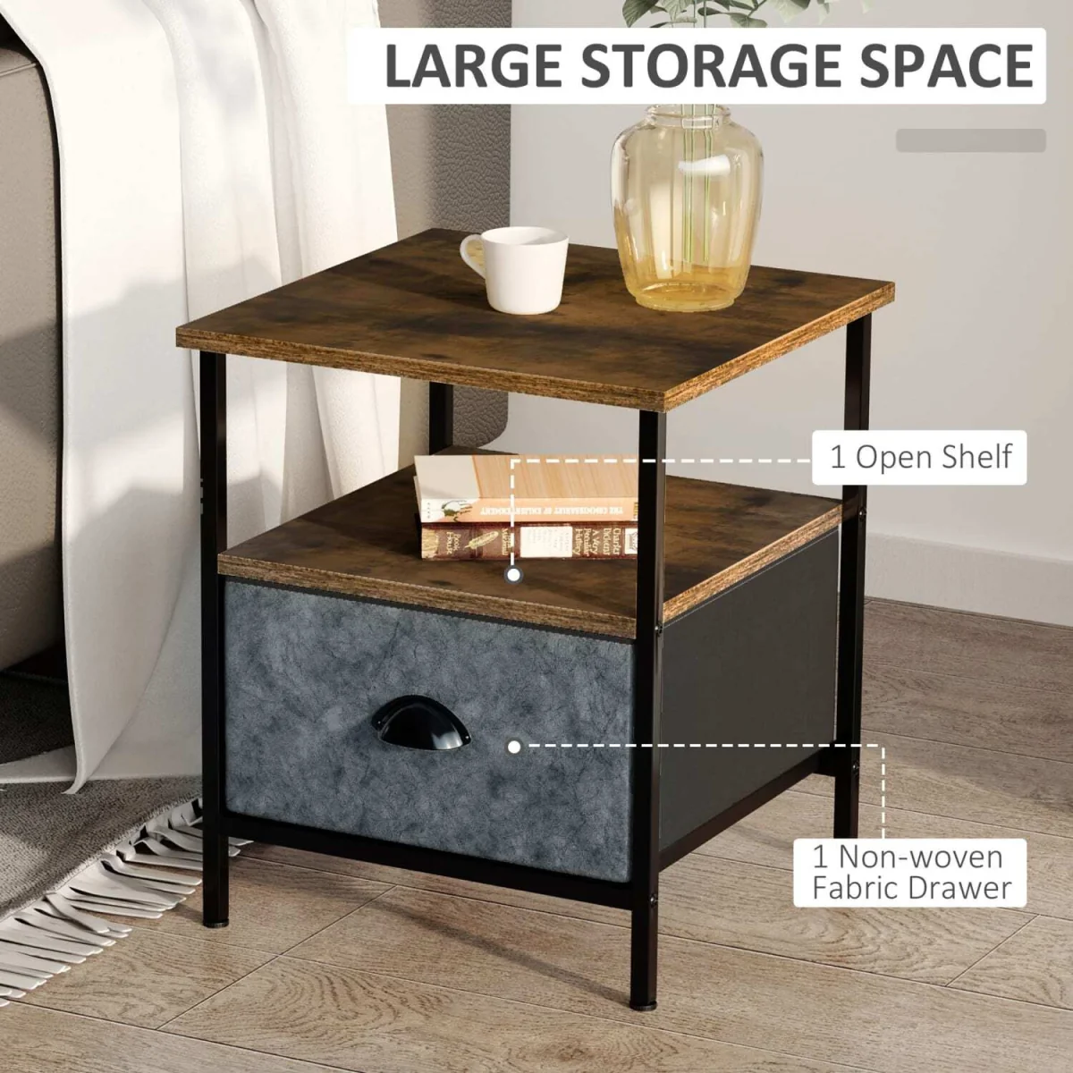 Nehayo Set of 2 Rustic Brown Bedside Tables with Grey Fabric Drawers – image 3