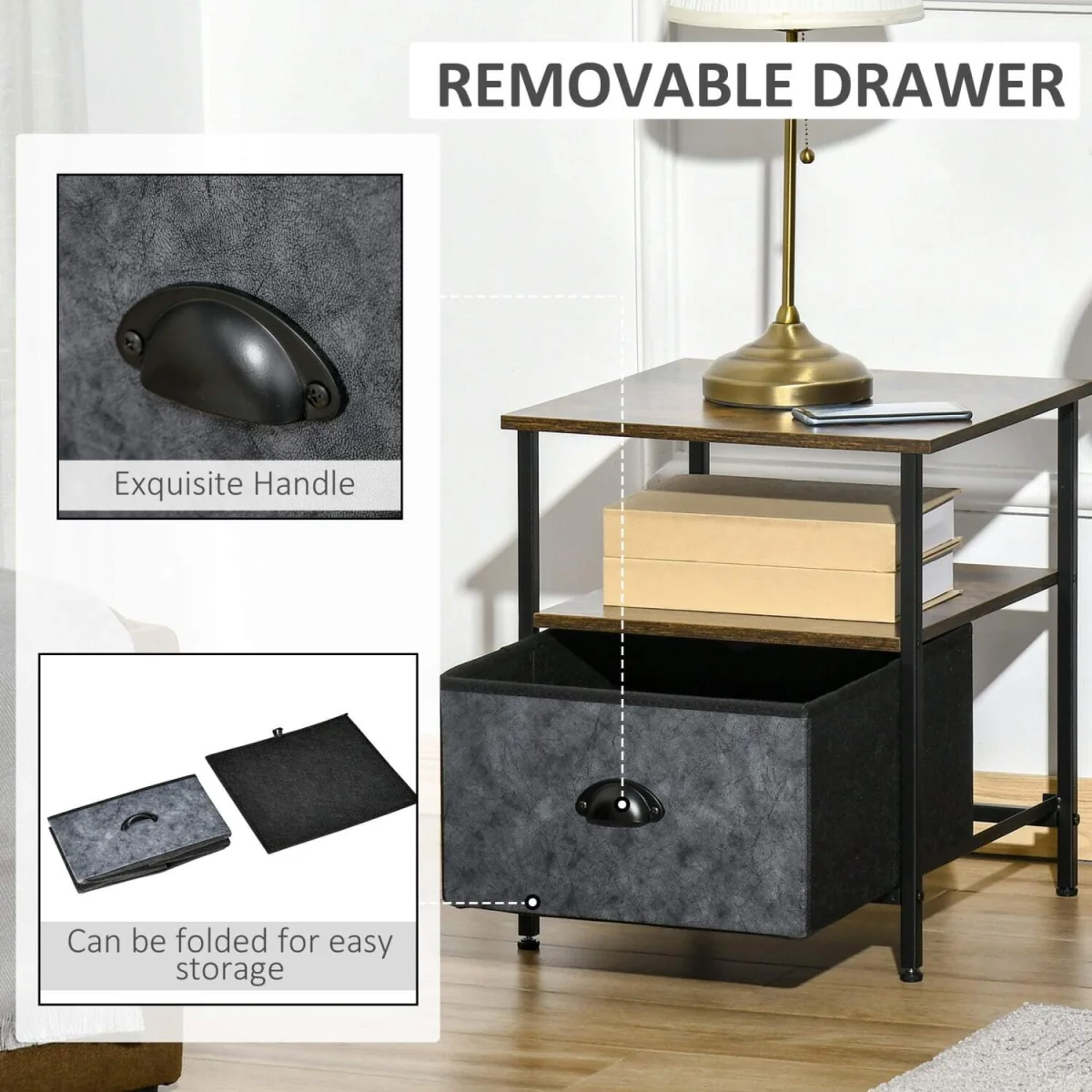 Nehayo Set of 2 Rustic Brown Bedside Tables with Grey Fabric Drawers – image 5